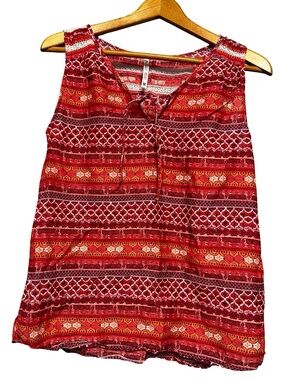 KÜHL Organic Cotton Silk Boho Sleeveless Top Red Orange Tribal Print Size M